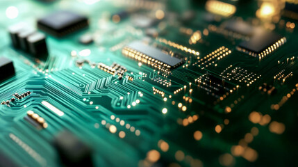 Electronic circuit board with cpu and components illuminated showing data processing with light trails