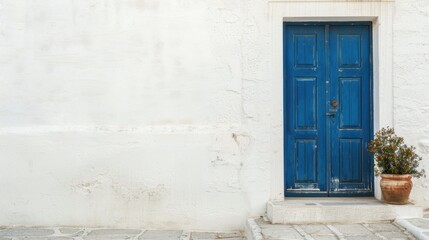 A dark blue door on a whitewashed building, creating a striking contrast