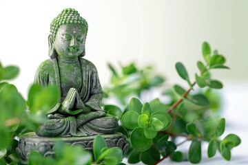 A serene Buddha statue sits atop a lush green plant, exuding calmness and peace