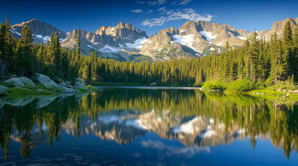Serene mountain lake is reflecting majestic peaks covered with snow on a sunny day with a blue sky