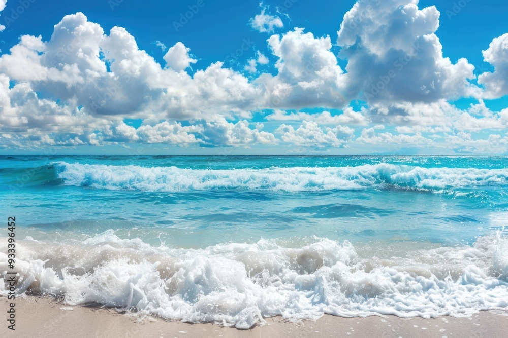 Poster a calm ocean with waves crashing on a sandy beach