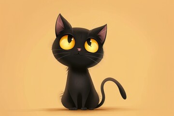 A black cat with bright yellow eyes sitting down, available for various uses such as advertising, editorial or social media