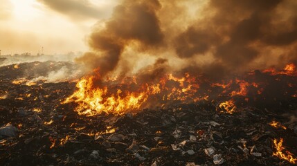 Fototapeta premium Intense landfill fire with thick toxic smoke rising into cloudy sky, illustrating environmental pollution and hazardous waste challenges