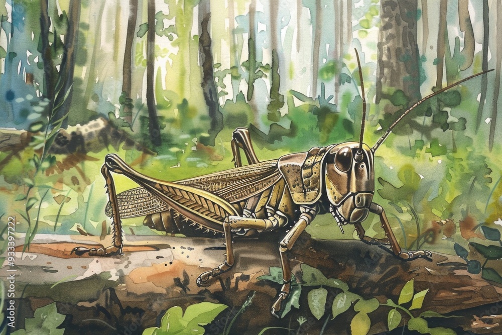 Poster a close-up image of a grasshopper sitting on leaves in a forest environment