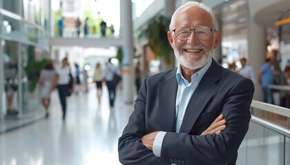 Senior businessman with arms crossed, smiling in a modern office, people walking in background, captured professionally.