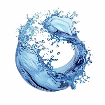 recommend clip art: 3d render, dynamic blue water jet, wavy spherical splash clip art isolated on white background. Twisted liquid shape, splashing wave, Generative AI