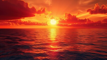 Fototapeta premium A fiery red sunset casting a warm glow over a calm ocean, creating a serene atmosphere