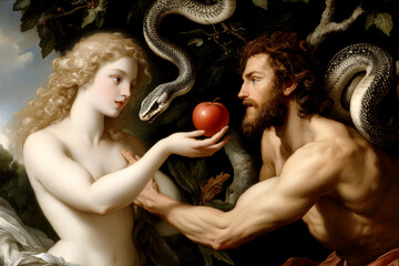 Adam and Eve in the Garden of Eden. AI generative.
