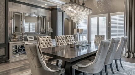 A luxury dining room with silver accents, including a chandelier and mirror, creating a sophisticated space