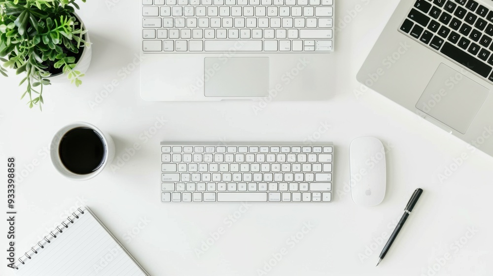 Poster a minimalist workspace with a desktop computer, keyboard, and a notebook on a clean desk