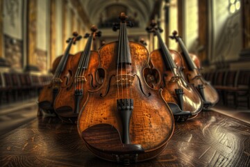 A group of violins placed on a wooden table, perfect for music or instrument themed illustrations