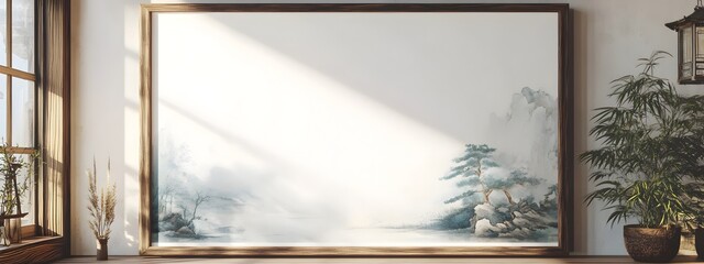 A depicting a mockup of a white background frame inside a house with a detailed ink wash painting in a rustic barnwood frame and soft