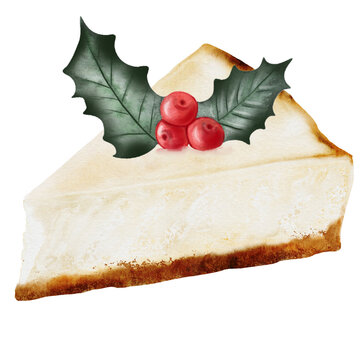 recommend clip art: Cheesecake drawing. Watercolor illustration of New York cheesecake with red berries on isolated white background. A piece of cottage cheese pie decorated with berries. Ideal for coffee shop, pastry