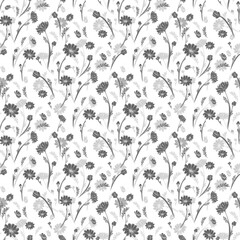 Modern Botanical Pattern: Abstract Background with Cute Chamomile and Leaf Illustrations in Monochrome
