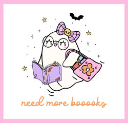 Groovy Ghost Reading Pastel Halloween shopping book  Trendy Retro Bookish Cartoon Doodle