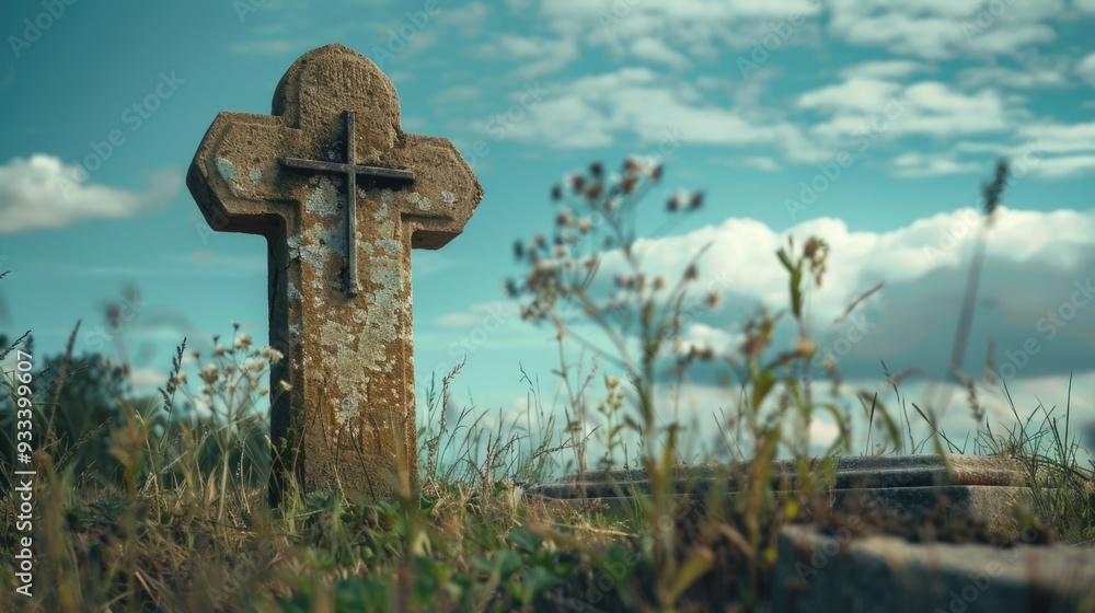 Poster a stone cross sits in the middle of a field, surrounded by greenery