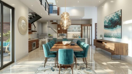 A modern dining room with turquoise chairs and a wooden table, creating a stylish space