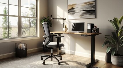A modern home office with a standing desk, laptop, and ergonomic chair