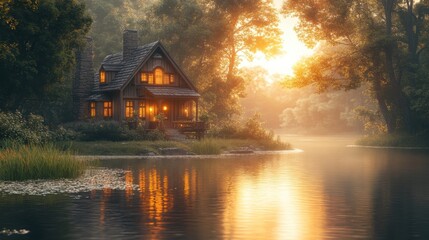 Fototapeta premium A serene lakeside cabin at sunset, surrounded by nature's beauty.