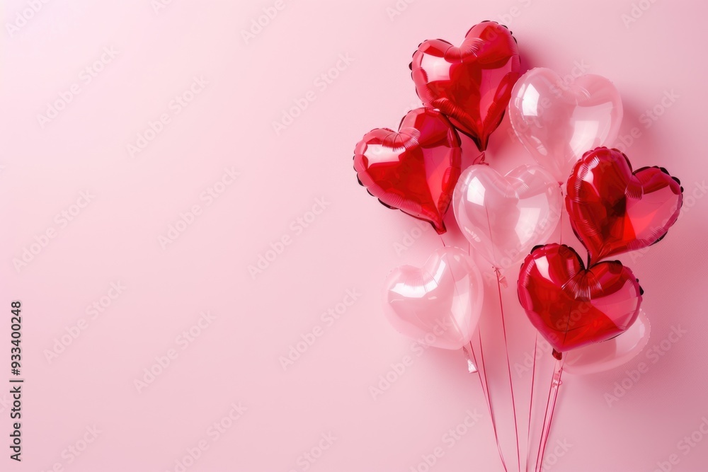 Poster A bunch of red and white heart shaped balloons floating in the air