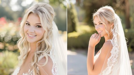 Naklejka premium The bride radiates happiness, showcasing her elegant wedding dress and flowing blonde hair against a picturesque garden backdrop