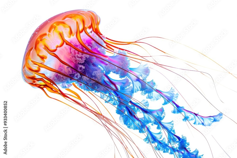 Poster a single jellyfish floats in clear white water, isolated on a calm background