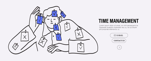 Man taking notes scheduling and organizing work in office or making timetable for university studies. Time management, work planning. Personal productivity. Line vector illustration in doodle style.