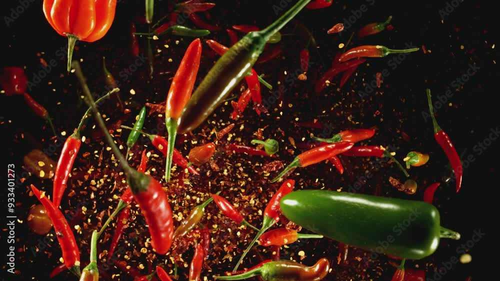 Poster super slow motion of flying and rotating colored chilli peppers with dry chilli powder. black backgr