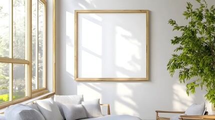 A mockup of a minimalist wooden frame with a clean matte finish,hanging on the wall of a cozy Scandinavian-inspired living room. Natural light streams in through large windows.