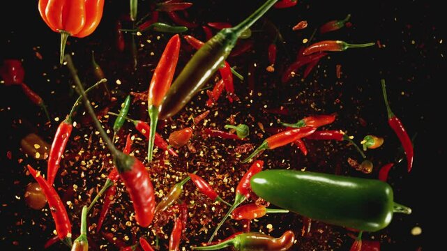 Super Slow Motion of Flying and Rotating Colored Chilli Peppers with Dry Chilli Powder. Black Background. Filmed on High Speed Cinema Camera, 1000 fps, Placed on High Speed Cine Bot. Speed Ramp Effect