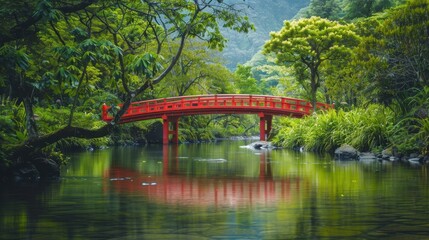 A red bridge spanning a calm river, surrounded by lush greenery