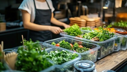 Obraz premium Fresh greens in plastic containers on wooden counter.