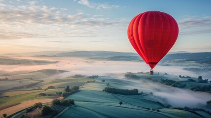Obraz premium A red hot air balloon floating above a picturesque landscape, capturing the beauty of flight