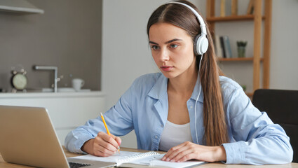 Concentrated young learner at desk with computer taking notes for school assignment in home setting