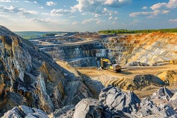 A dump truck transporting rocks in a quarry, useful for construction or industrial scenes
