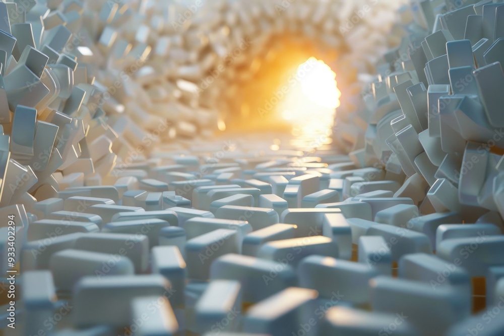 Poster a group of white cubes facing a bright light, useful for abstract backgrounds or futuristic concepts