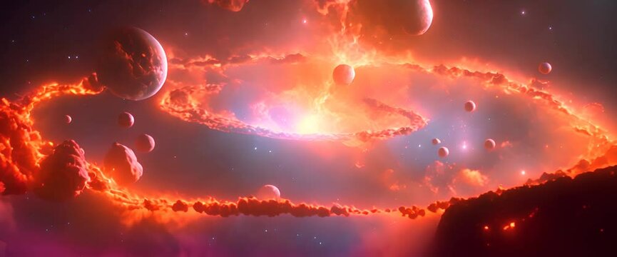 A fiery apocalypse in space destroys cosmic objects, with planets shattering like glass, stars exploding into brilliant supernovas, and asteroid belts disintegrating into glowing dust