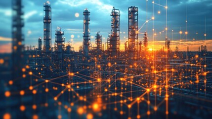 Industrial Complex at Sunset with Network Connections