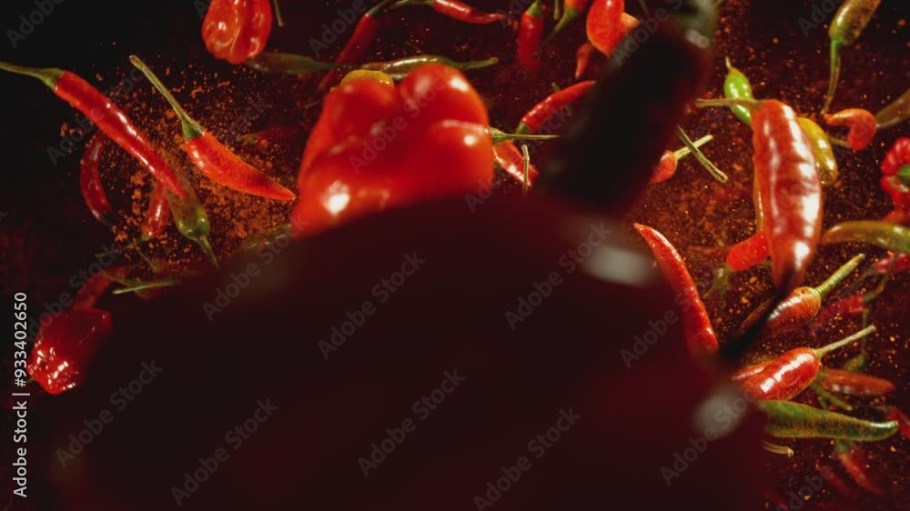 Aufkleber super slow motion of flying and rotating colored chilli peppers with dry chilli powder. black backgr