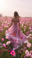 Breast Cancer Awareness: Woman in Pink Dress Walking Among Flowers
