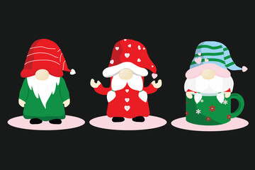 Set of Christmas cute colorful gnomes characters on a black background.Vector illustration.