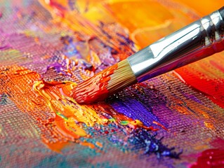 Obraz premium Paintbrush Applying Red Paint on Canvas with Colorful Background