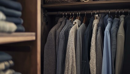 Close up of a closet with shirts hanging.