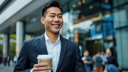 Smiling Asian businessman in a suit, enjoying morning coffee, walking outside office building, people in background.
