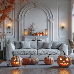 Obraz premium Aesthetic room interior design with Halloween elements. Wall with decoration in the apartment. Holiday pumpkins in the room.