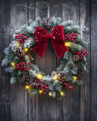 Frosted Christmas Wreath: A rustic wooden door serves as the backdrop for a festive Christmas wreath, adorned with twinkling lights, a plush red bow, and frosted pine branches. 