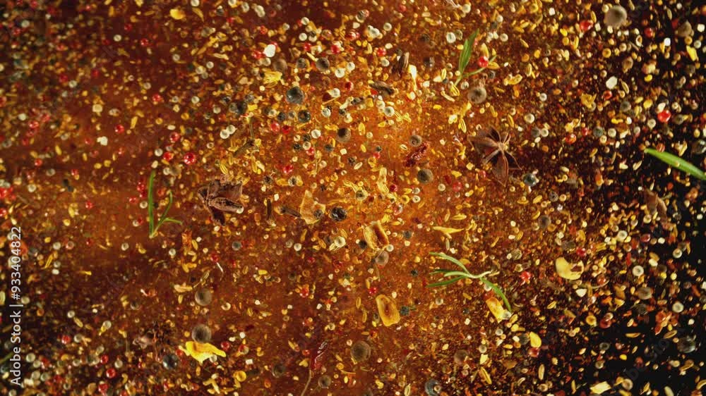 Poster super slow motion of flying and rotating spice mix. isolated on black background. filmed on high spe