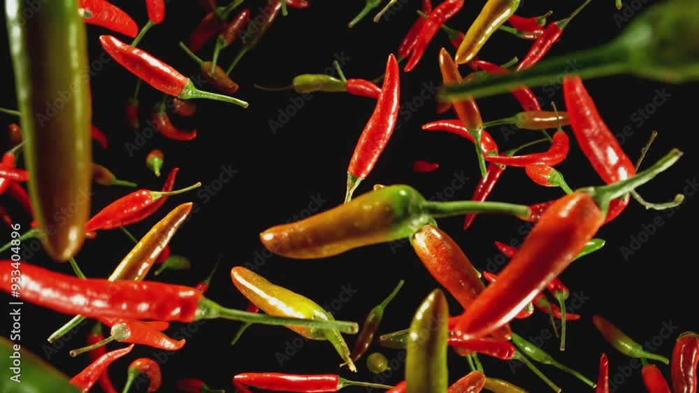 Poster super slow motion of flying and rotating colored chilli peppers on black background. filmed on high 