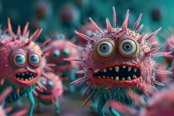 Scary virus illustration emphasizing eyes and sharp teeth. Illustration of threatening virus eyes wide and teeth bared. Angry virus representing broader struggles invisible dangers.