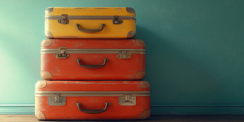 Many multi-colored suitcases on a blue background. World Tourism Day. Banner. Copy space